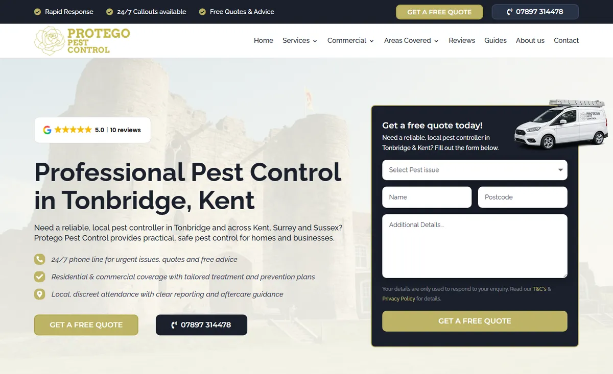 Protego Pest Control's website, built by We Grow Trades: a 24/7 phone number, a free quote form and their five-star Google rating up top